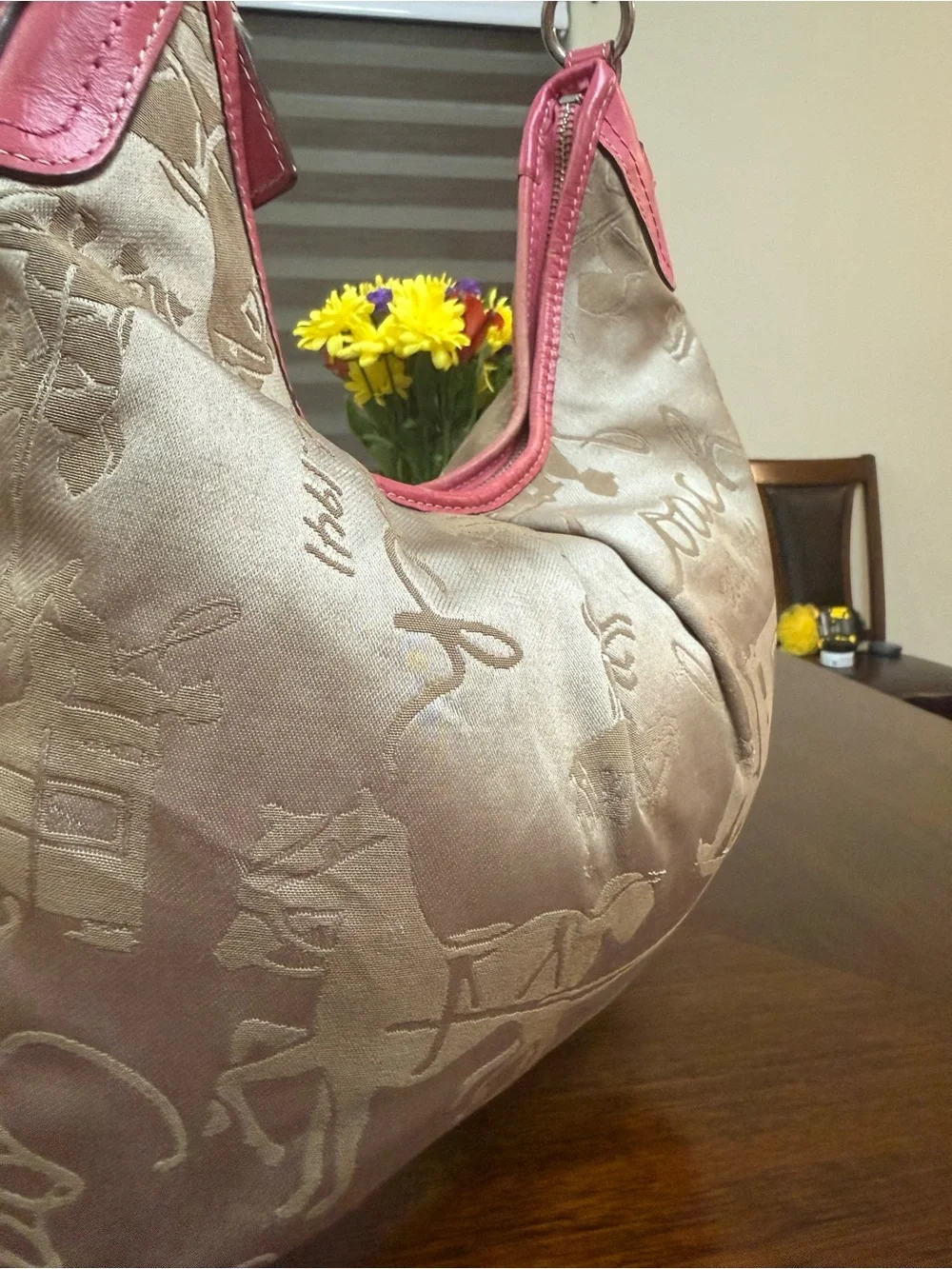 Coach Taupe Jacquard Hobo with Pink Trim